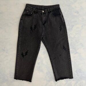 Cuyi Lightening Wide Leg Washed Black Denim Jeans